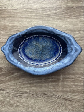 Clay Glazed Fired With Blue Glass Trinket Decor Ring Dish USA Made Hand Thrown